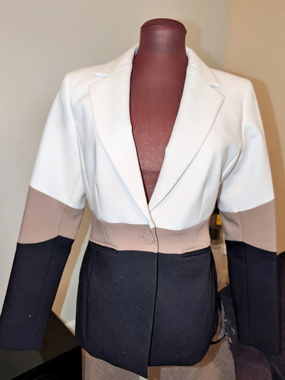 White House Black Market Color Block Blazer in White, Tan, And Black
